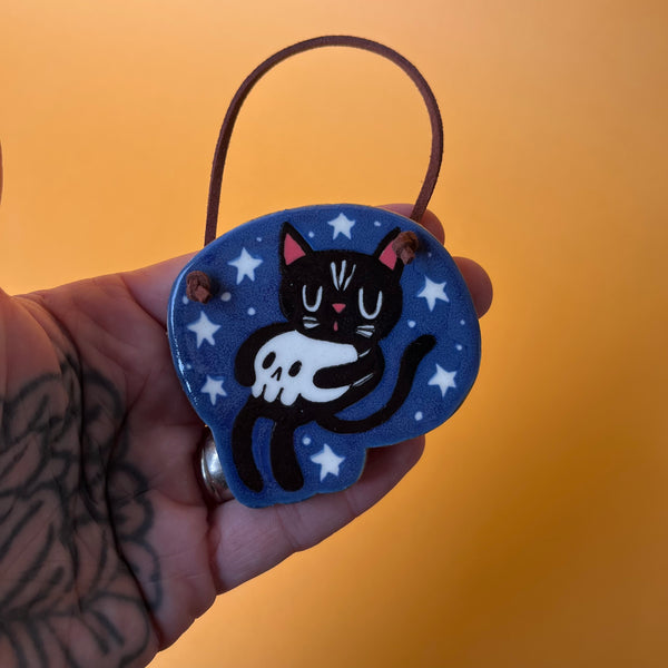 Ceramic Hand Built Cat Skull Wall Hanging