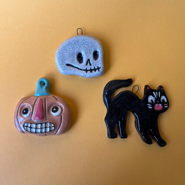 Ceramic Slip Cast Halloween Ornament Pumpkin, Cat, Skull