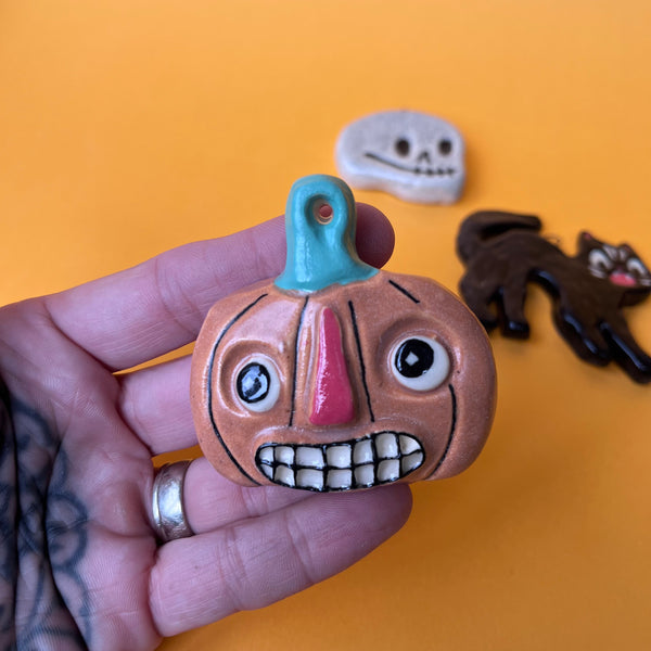 Ceramic Slip Cast Halloween Ornament Pumpkin, Cat, Skull