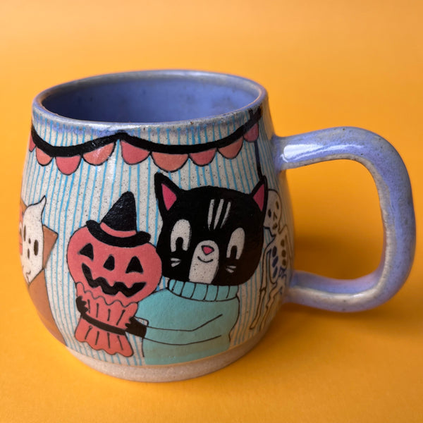 Ceramic Wheel Thrown Halloween Cats Mug 13.5oz