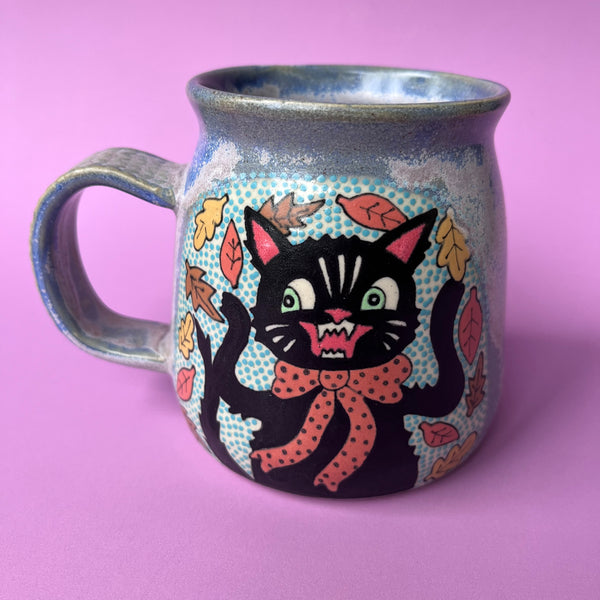 Ceramic Wheel Thrown Halloween Cat Pumpkin Girl Mug 14oz
