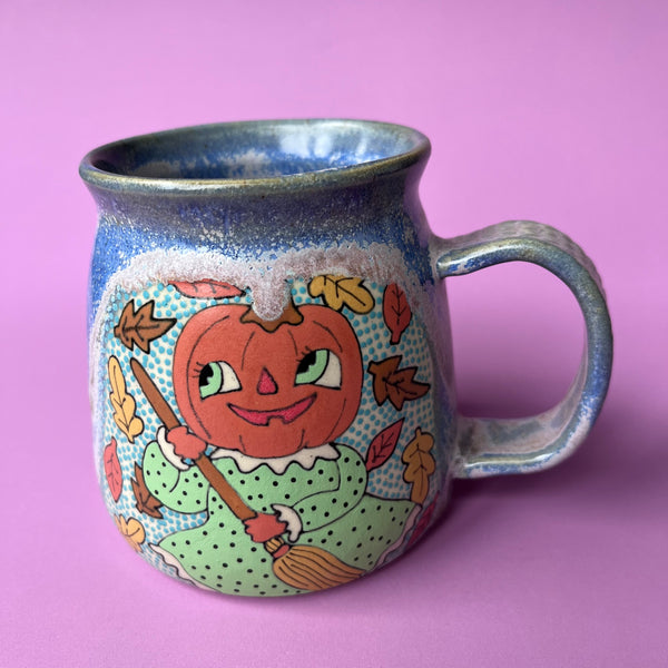 Ceramic Wheel Thrown Halloween Cat Pumpkin Girl Mug 14oz