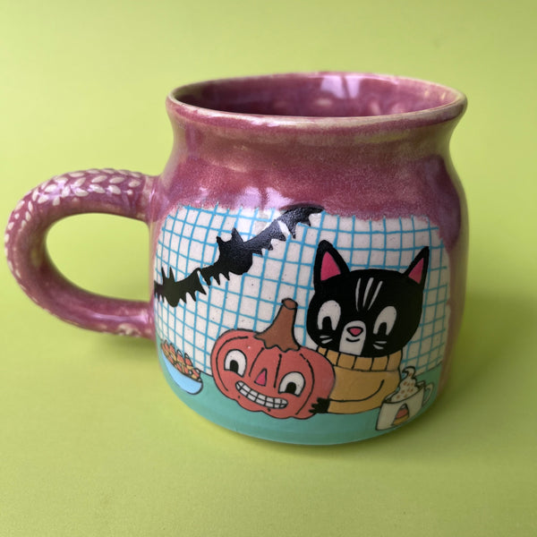Ceramic Wheel Thrown Halloween Cats Mug 13oz