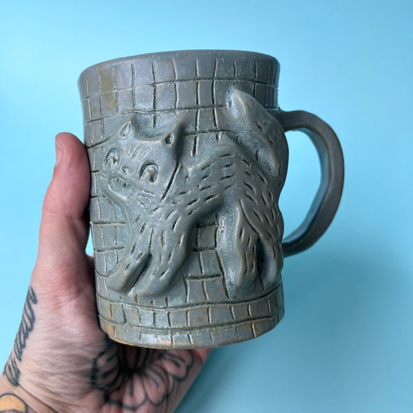 Ceramic Hand Built Cat And Pumpkin Mug 12oz