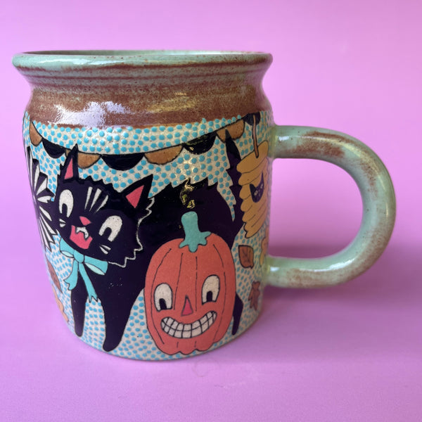 Ceramic Wheel Thrown Halloween Party Cat Scarecrow Mug 14.5oz
