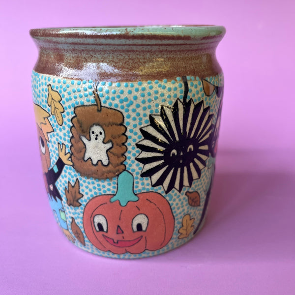 Ceramic Wheel Thrown Halloween Party Cat Scarecrow Mug 14.5oz