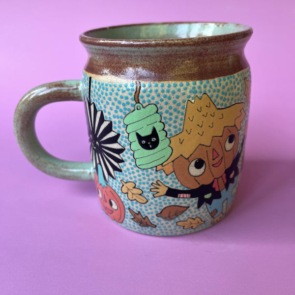 Ceramic Wheel Thrown Halloween Party Cat Scarecrow Mug 14.5oz