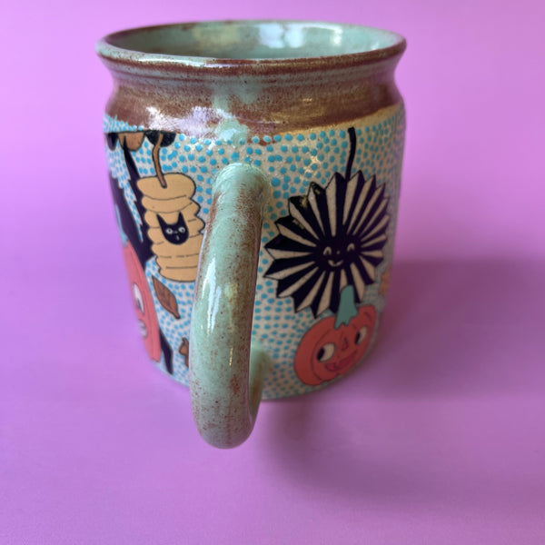 Ceramic Wheel Thrown Halloween Party Cat Scarecrow Mug 14.5oz