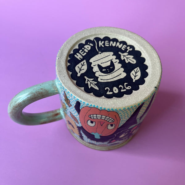 Ceramic Wheel Thrown Halloween Party Cat Scarecrow Mug 14.5oz