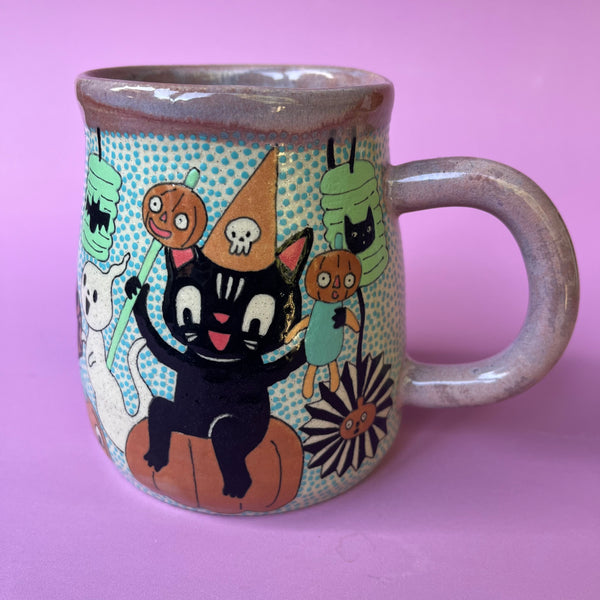 Ceramic Wheel Thrown Halloween Party Cats Mug 17oz