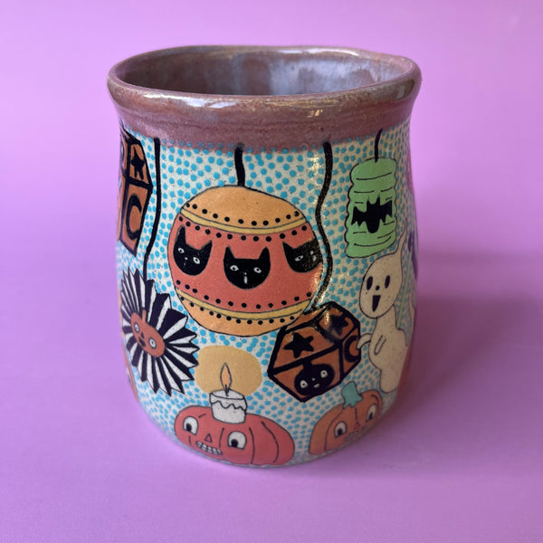 Ceramic Wheel Thrown Halloween Party Cats Mug 17oz