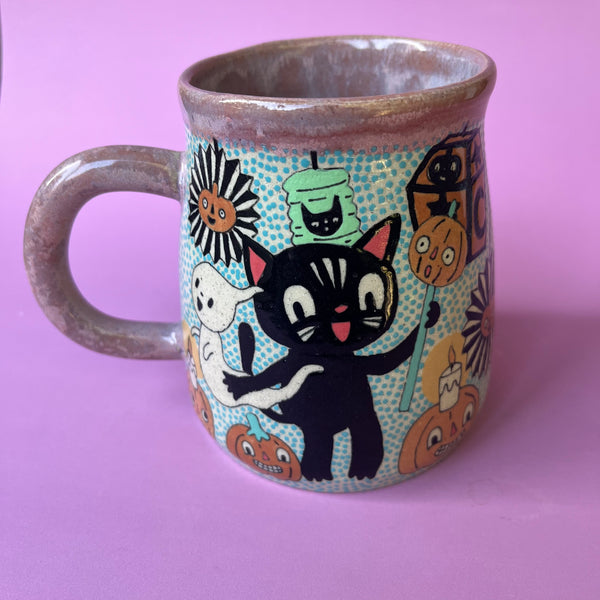 Ceramic Wheel Thrown Halloween Party Cats Mug 17oz