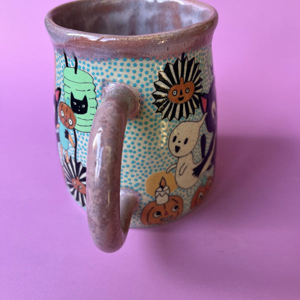 Ceramic Wheel Thrown Halloween Party Cats Mug 17oz