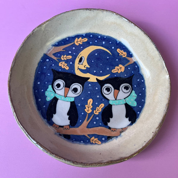 Ceramic Hand Built Halloween Owls Dish