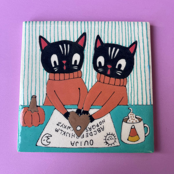 Ceramic Halloween Ouija Cats Tile 4"