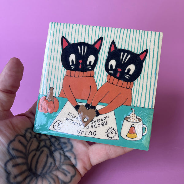 Ceramic Halloween Ouija Cats Tile 4"