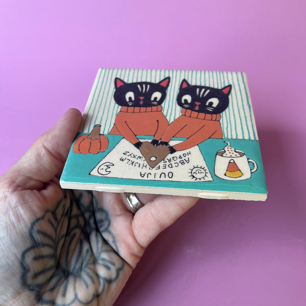 Ceramic Halloween Ouija Cats Tile 4"