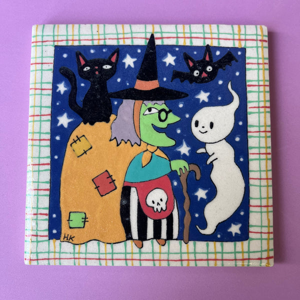 Ceramic Halloween Witch Tile 4"