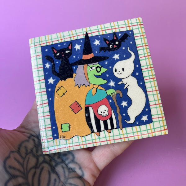 Ceramic Halloween Witch Tile 4"