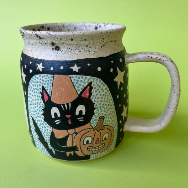 Ceramic Wheel Thrown Halloween Cat Mug 14oz