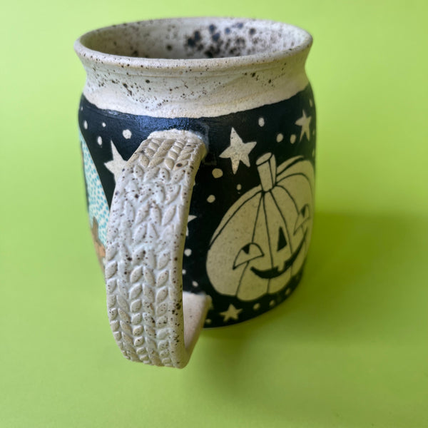 Ceramic Wheel Thrown Halloween Cat Mug 14oz
