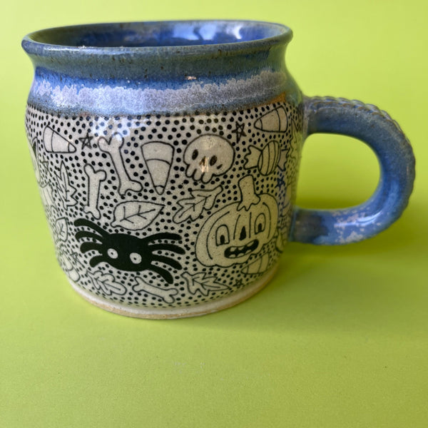 Ceramic Wheel Thrown Halloween Doodle Mug 9oz