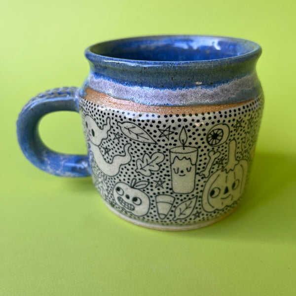 Ceramic Wheel Thrown Halloween Doodle Mug 9oz