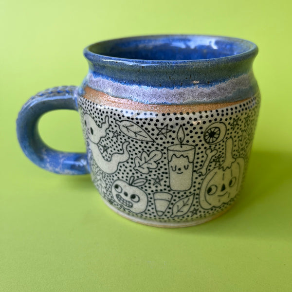 Ceramic Wheel Thrown Halloween Doodle Mug 9oz