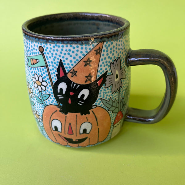 Ceramic Wheel Thrown Halloween Cat Mug 14oz