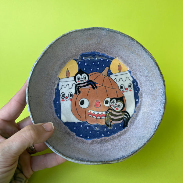 Ceramic Hand Built Halloween Spiders Dish