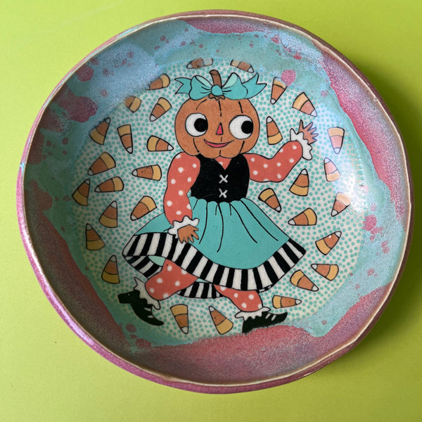 Ceramic Hand Built Halloween Pumpkin Girl Dish
