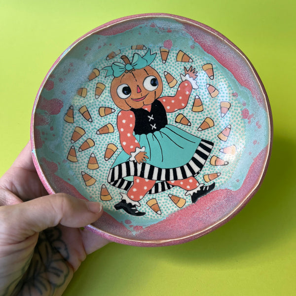 Ceramic Hand Built Halloween Pumpkin Girl Dish
