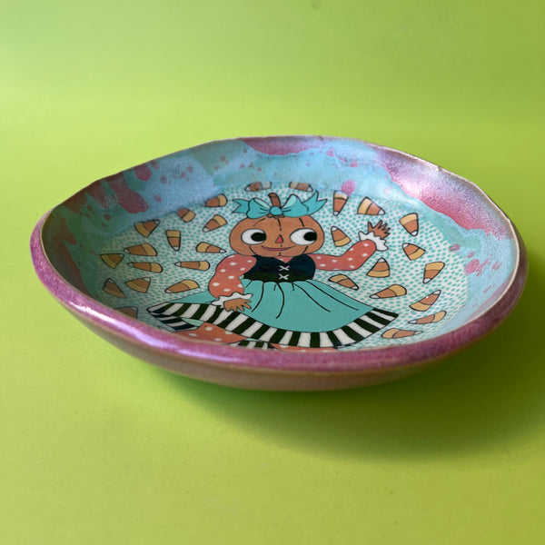 Ceramic Hand Built Halloween Pumpkin Girl Dish