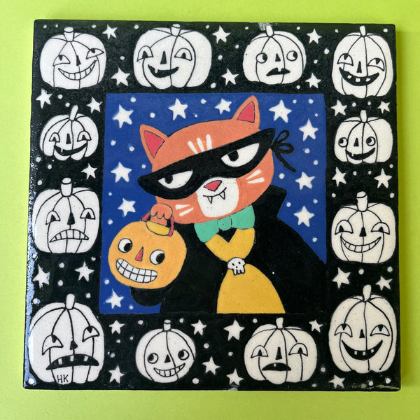 Ceramic Halloween Trick Or Treat Cat 6" Tile