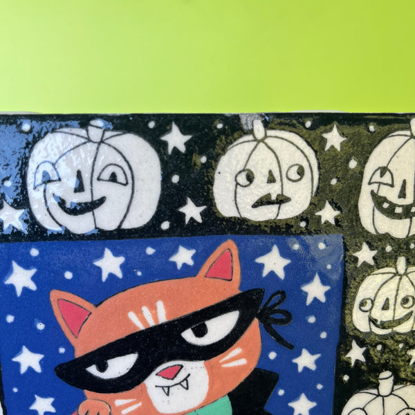 Ceramic Halloween Trick Or Treat Cat 6" Tile