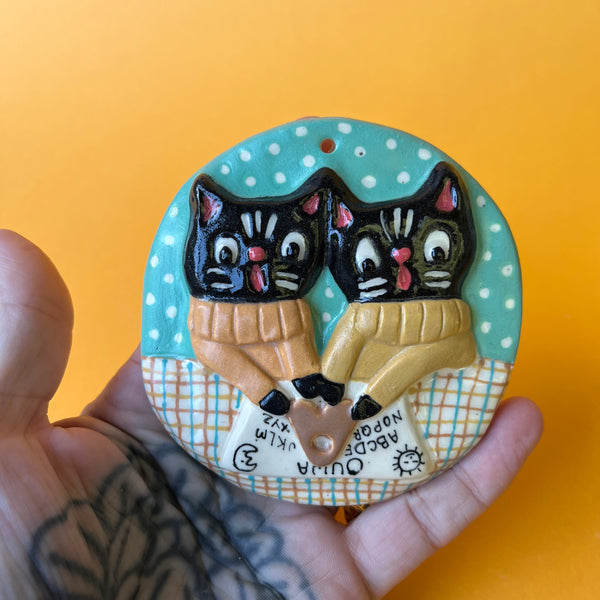 Ceramic Slip Cast Ouija Cats Wall Hanging