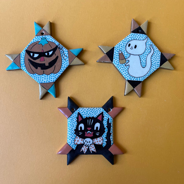 Ceramic Hand Built Halloween Quilt Wall Hangings