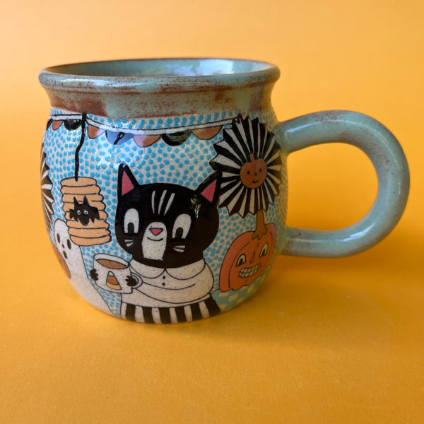Ceramic Wheel Thrown Halloween Decoration Cats Mug 13.5oz