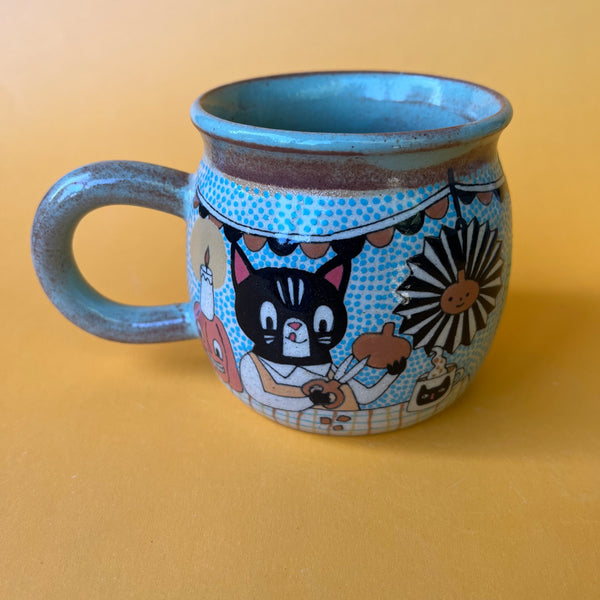 Ceramic Wheel Thrown Halloween Decoration Cats Mug 13.5oz