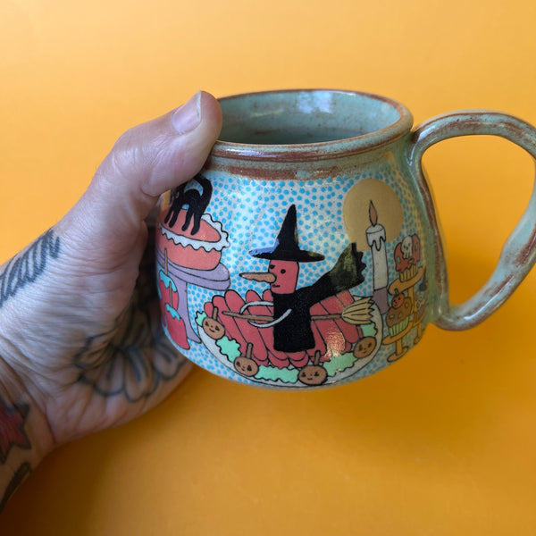 Ceramic Wheel Thrown Halloween Treats Mug (Weeny Witch) 11oz