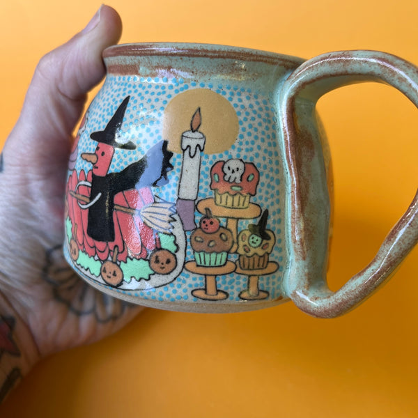 Ceramic Wheel Thrown Halloween Treats Mug (Weeny Witch) 11oz