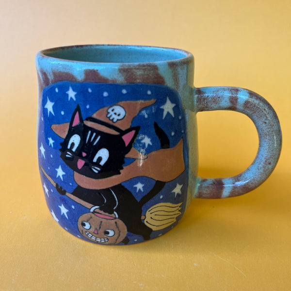 Ceramic Wheel Thrown Halloween Cat Pumpkin Mug 13.5oz