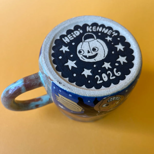 Ceramic Wheel Thrown Halloween Cat Pumpkin Mug 13.5oz