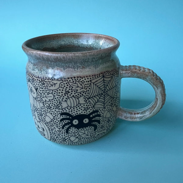 Ceramic Wheel Thrown Halloween Doodle Mug 12.5oz