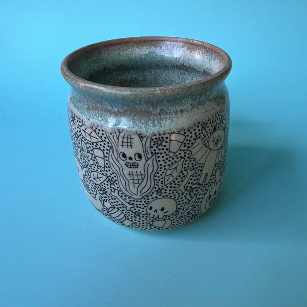 Ceramic Wheel Thrown Halloween Doodle Mug 12.5oz