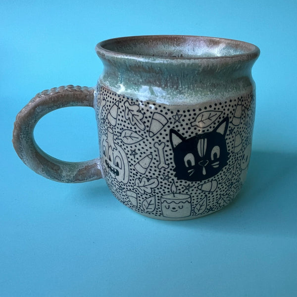 Ceramic Wheel Thrown Halloween Doodle Mug 12.5oz