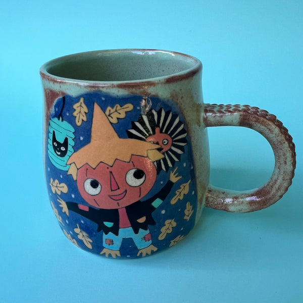 Ceramic Wheel Thrown Halloween Cat Scarecrow Mug 13.5oz