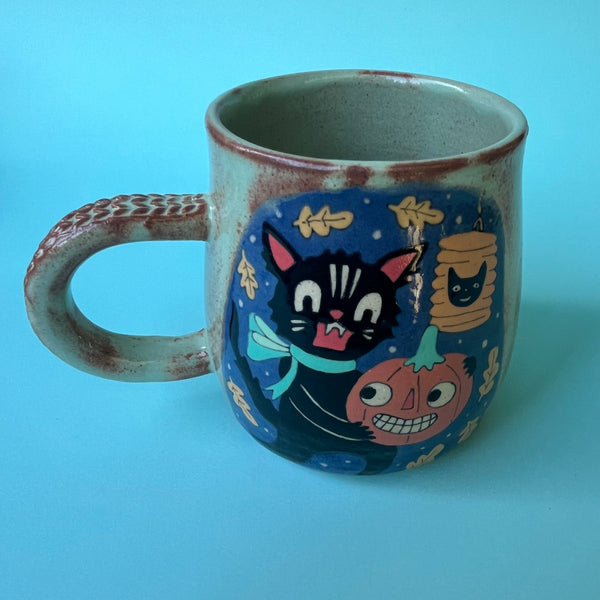 Ceramic Wheel Thrown Halloween Cat Scarecrow Mug 13.5oz
