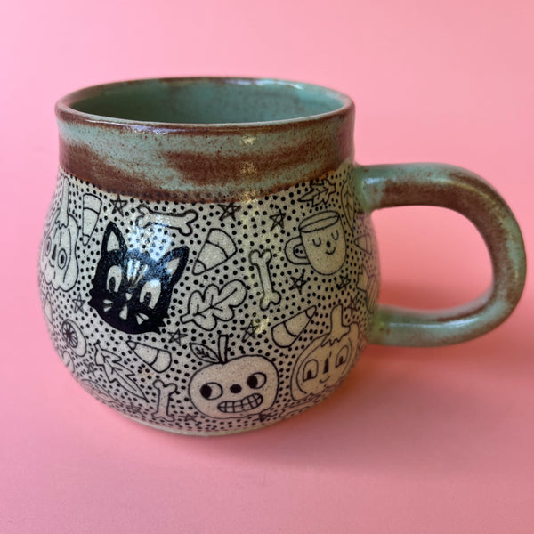 Ceramic Wheel Thrown Halloween Doodle Mug 11oz