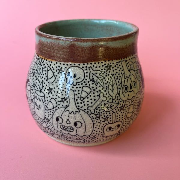 Ceramic Wheel Thrown Halloween Doodle Mug 11oz